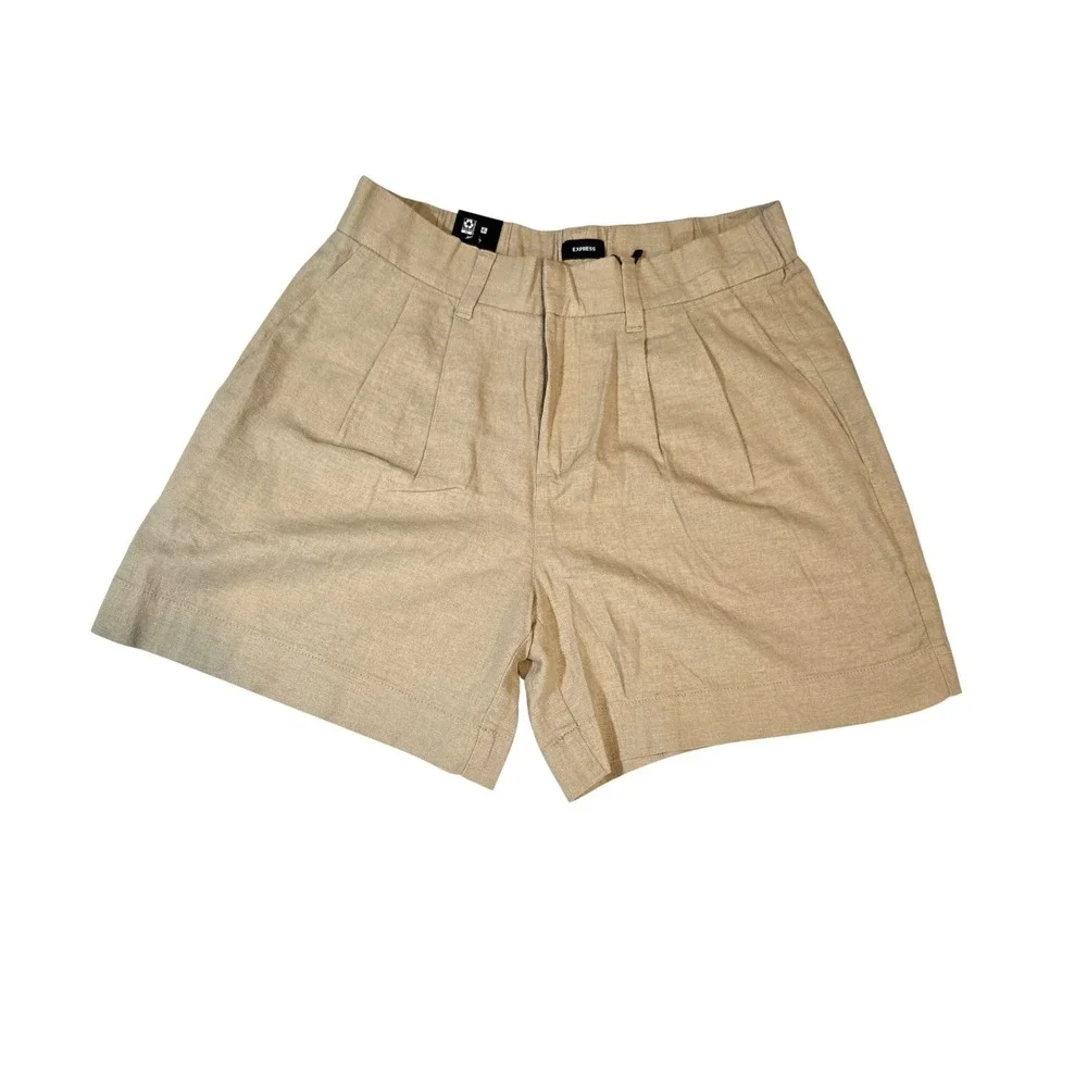 Express Womens Pleated Linen‎ Short Beige High Rise Casual Office 8